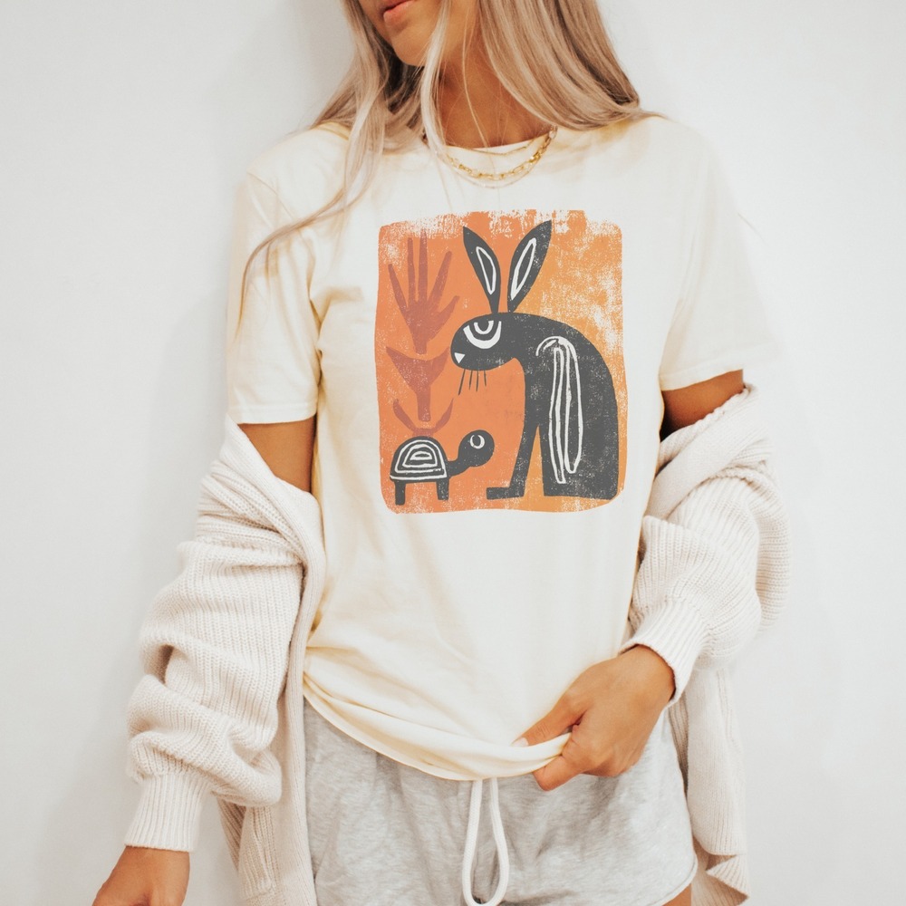 Surreal Rabbit and Turtle Graphic Tee Retro Relief Art